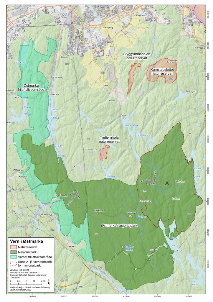 Østmarka nasjonalpark slik den ble vedtatt høsten 2023. Kart: Statsforvalteren i Oslo og Akershus.