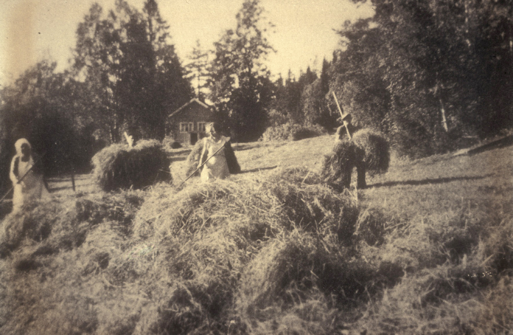 Slåttearbeid på innmarka mellom Bremsrud og Ødegården i 1940-årene. Huset i bakgrunnen er Øvre Bremsrud. Foto: Østensjø lokalhistoriske bildebase.